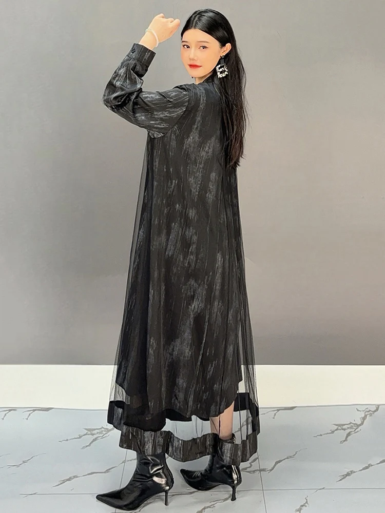 SHENGPALAE Casual V Neck Dress Women Full Sleeve A Line Irregular Hem New 2024 New Loose Female Fashion Long Dresses 5C1560