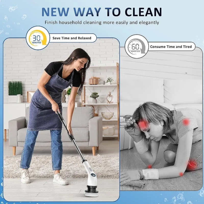 Electric Spin Scrubber, Full-Body IPX7 Waterproof Cordless Power Cleaning Brush with Adjustable Extension Handle