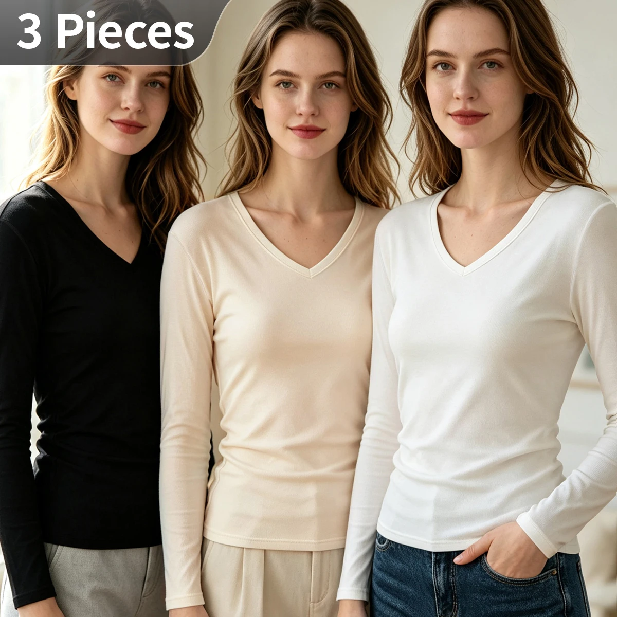 3Pcs Women's Autumn/Winter Slim Fit Top Fashionable V-Neck Warm Long Sleeved Youth Casual Daily Solid Color Sports Comfort Trend