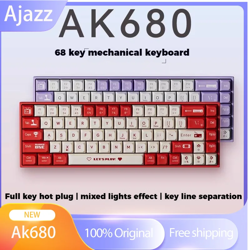 Ajazz Ak680 Mechanical Keyboard Game Wired Wireles Compact Laptop Tea Or Red Axis 68 Key Hot Swappable Small Keyboard Dual-Mode