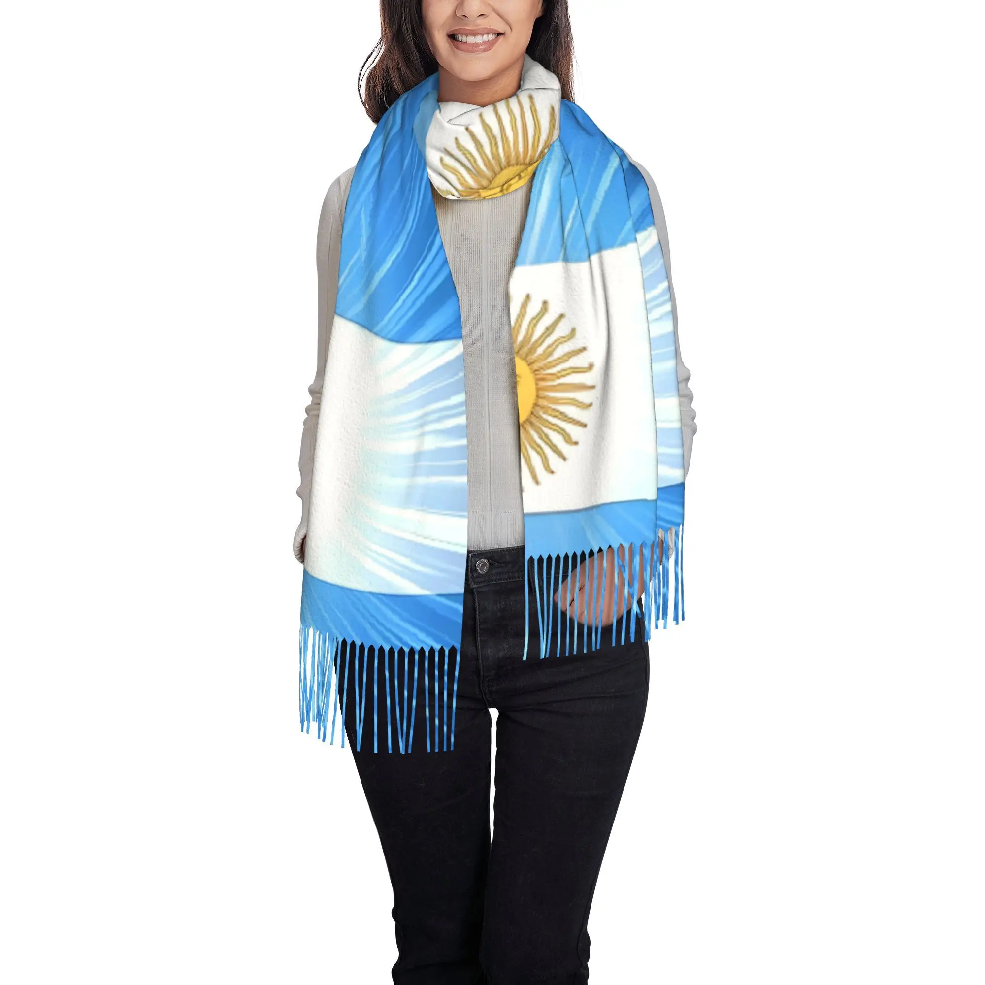 Argentine Flag Scarf Retro Tassel Winter Warm Cold-Resistant Outdoor Hiking Scarves Suitable for Travel, Cycling, Running