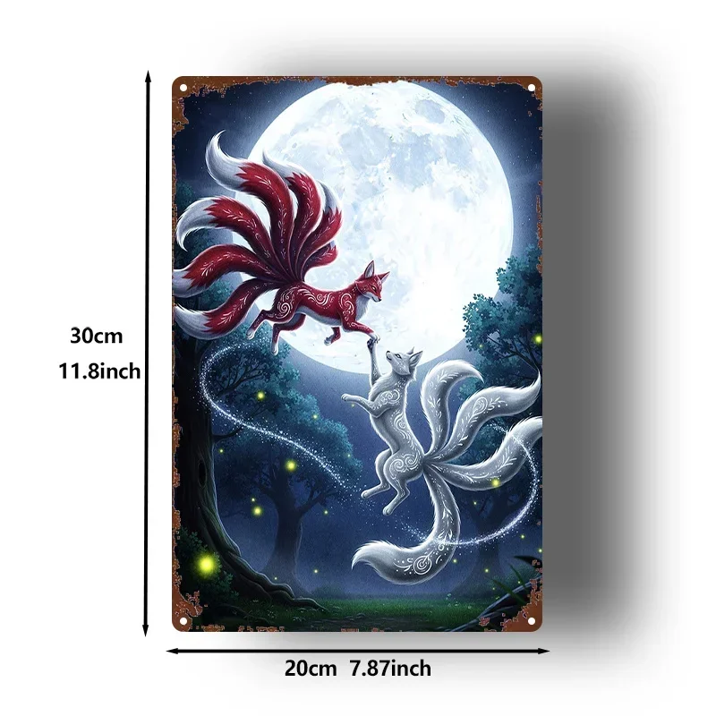Metal Sign Nine-Tailed Fox Moonlight 8x12in Vintage Rustic Wall Art