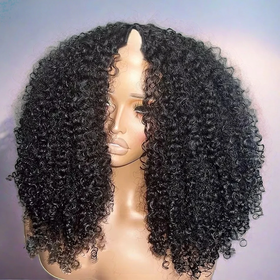 40Inch Kinky Curly V-Part Wig Human Hair No Leave Out Upgrade Deep Wave Curly V Shape Wig No Glue Clip In Half Wigs 200 Density image 4