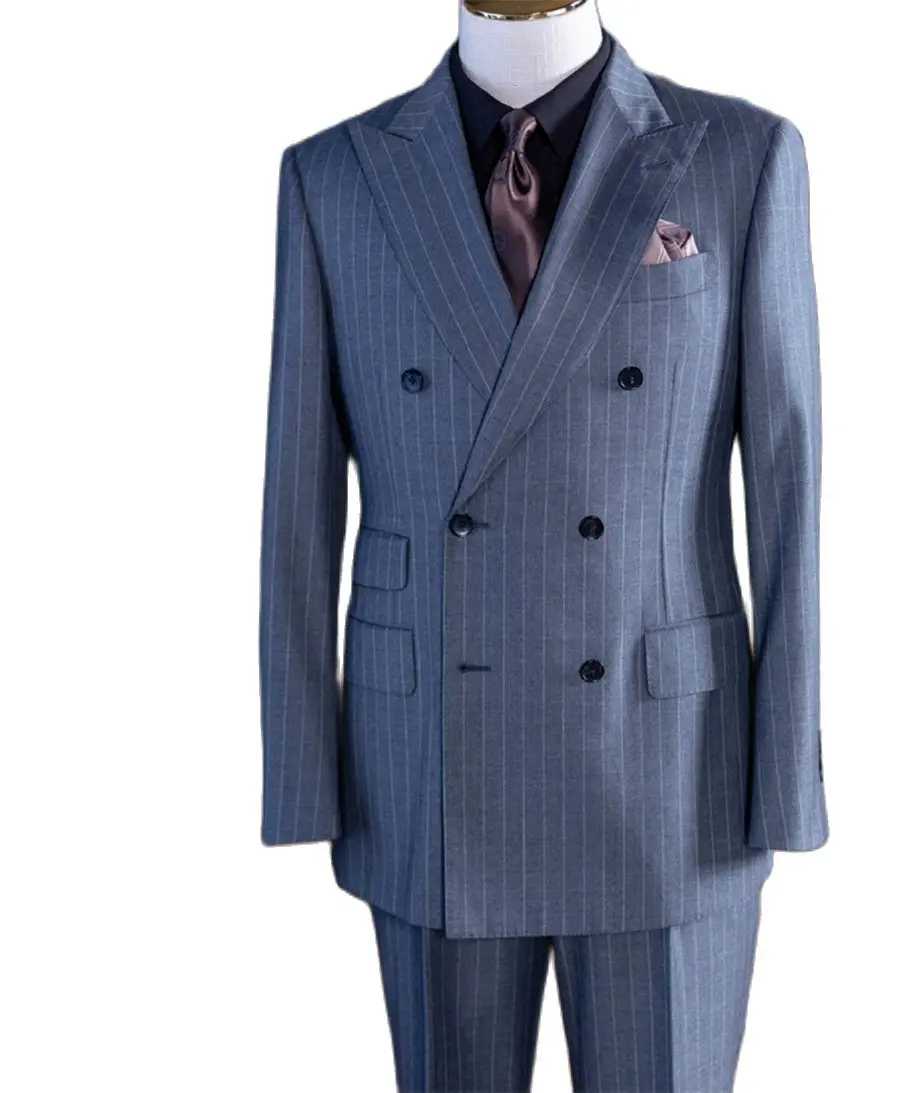 Grey Stripe Double Breast Classic Men's Suits 2pcs Blazer Pants Customized Business Wear Formal Party Groom Tuxedo for Wedding