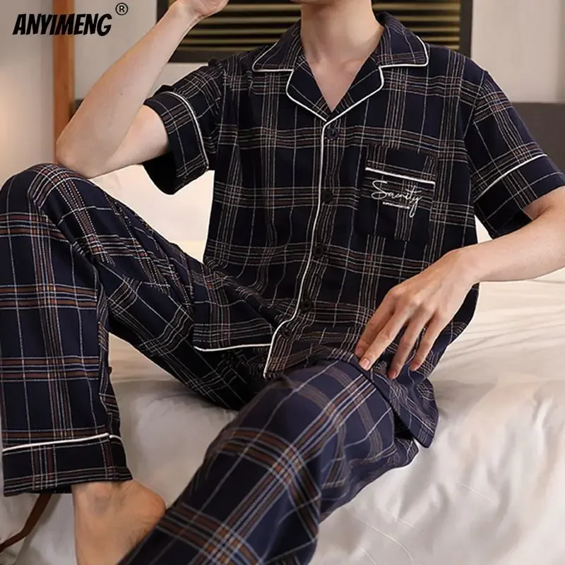 L-5XL Plus Size Luxury Mens Sleepwear Summer Short Sleeves Turn-down Collar Pajamas Set Gentleman Homewear Casual Cotton Pijamas