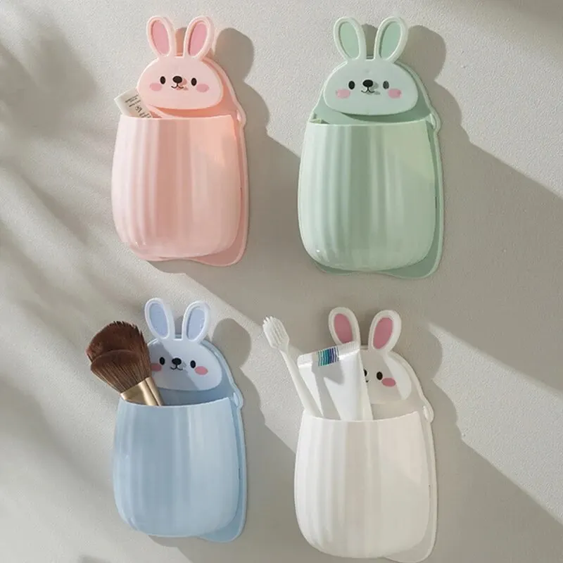 1pc Cute Rabbit Storage Rack No Punching Marking Required Makeup Brush Storage Box Bathroom Wall Mounted Toothbrush Holder