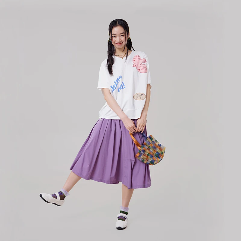 MOVEUP Short Sleeves Round Neck T-Shirt 2026 Summer New Contrast Color Bird Embroidery Drawstring Hem Casual Women Top 3ELX10502