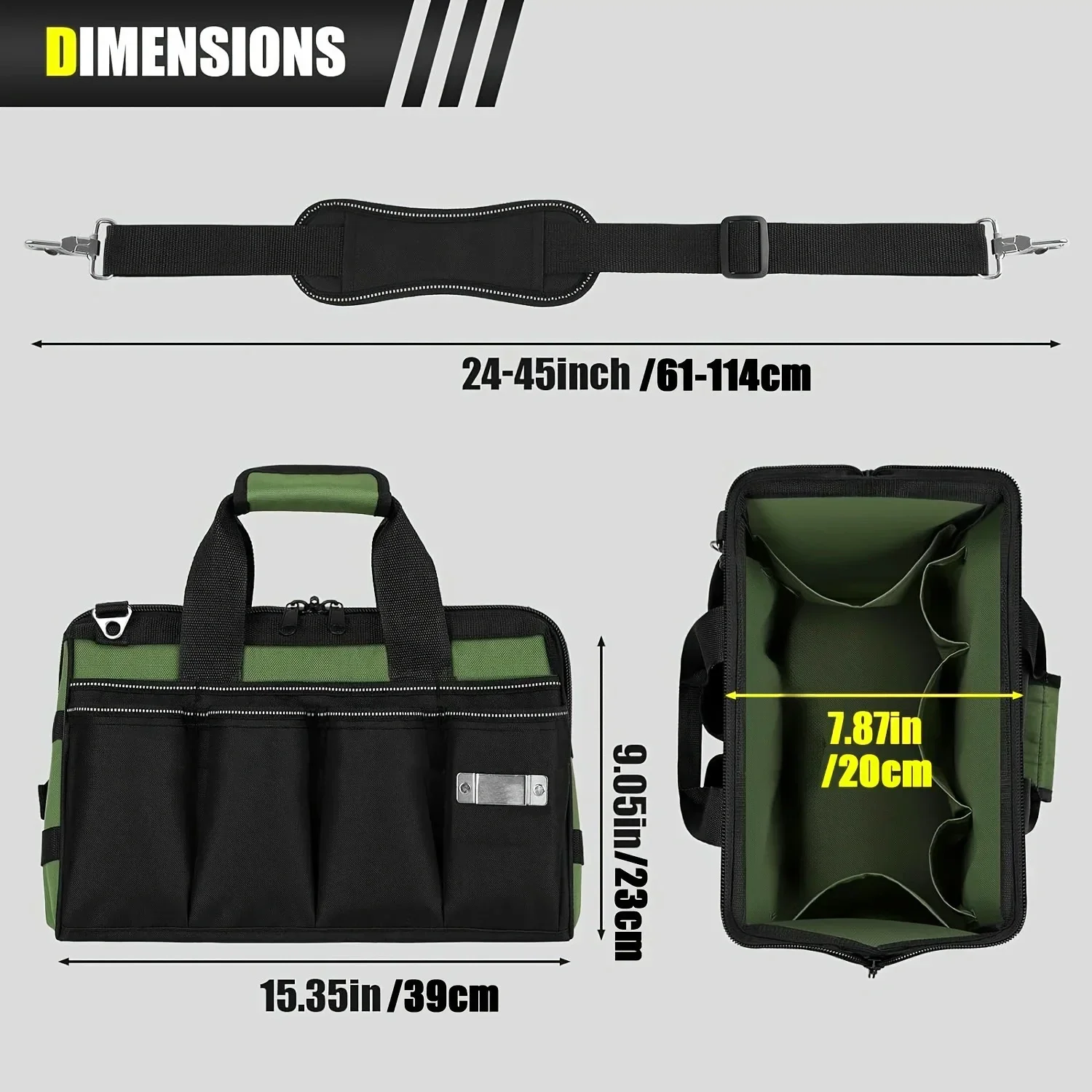 Heavy‑Duty 15 Inch Tool Carry Bag 16‑Pocket Design Adjustable Shoulder Strap Large Zipper Pouch for Electricians