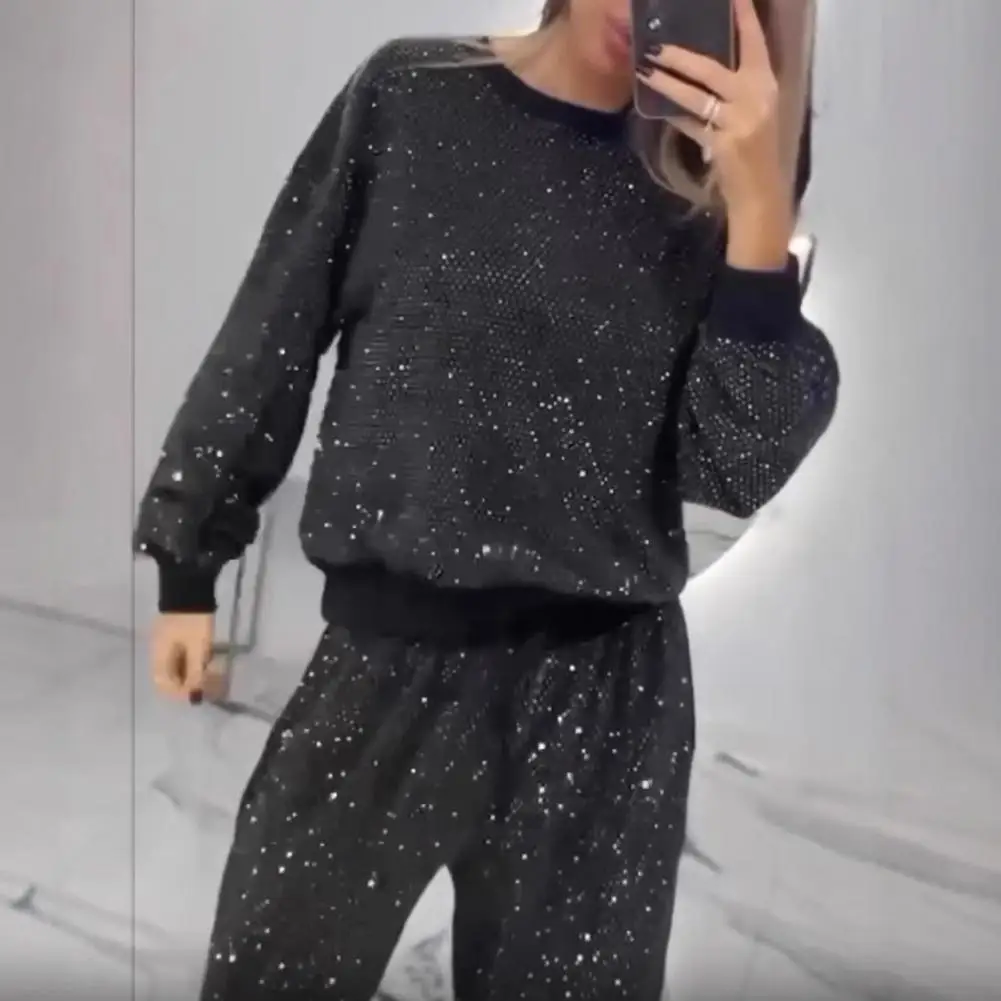 Casual Outfit Sequin Women's Top Pants Set with Round Neck Wide Leg Trousers Elegant Daily Outfit for Casual Commuting Wear