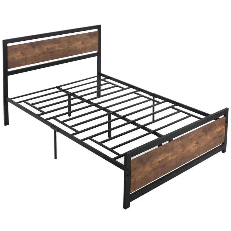 Cadre de lit double en acier avec sommier et tête de lit, matelas 190 x 140 cm, aspect bois foncé