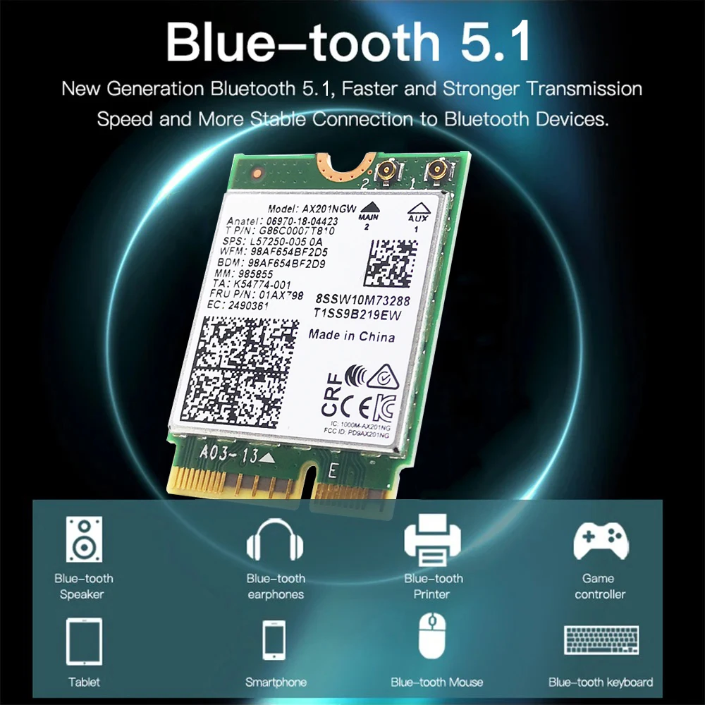 Dual Band 2.4Ghz 5Ghz 3000Mbps WiFi Card Wireless Wi-Fi 6 Adapter AX201NGW Bluetooth 5.1 M.2 NGFF Key E CNVio 2 for Win10