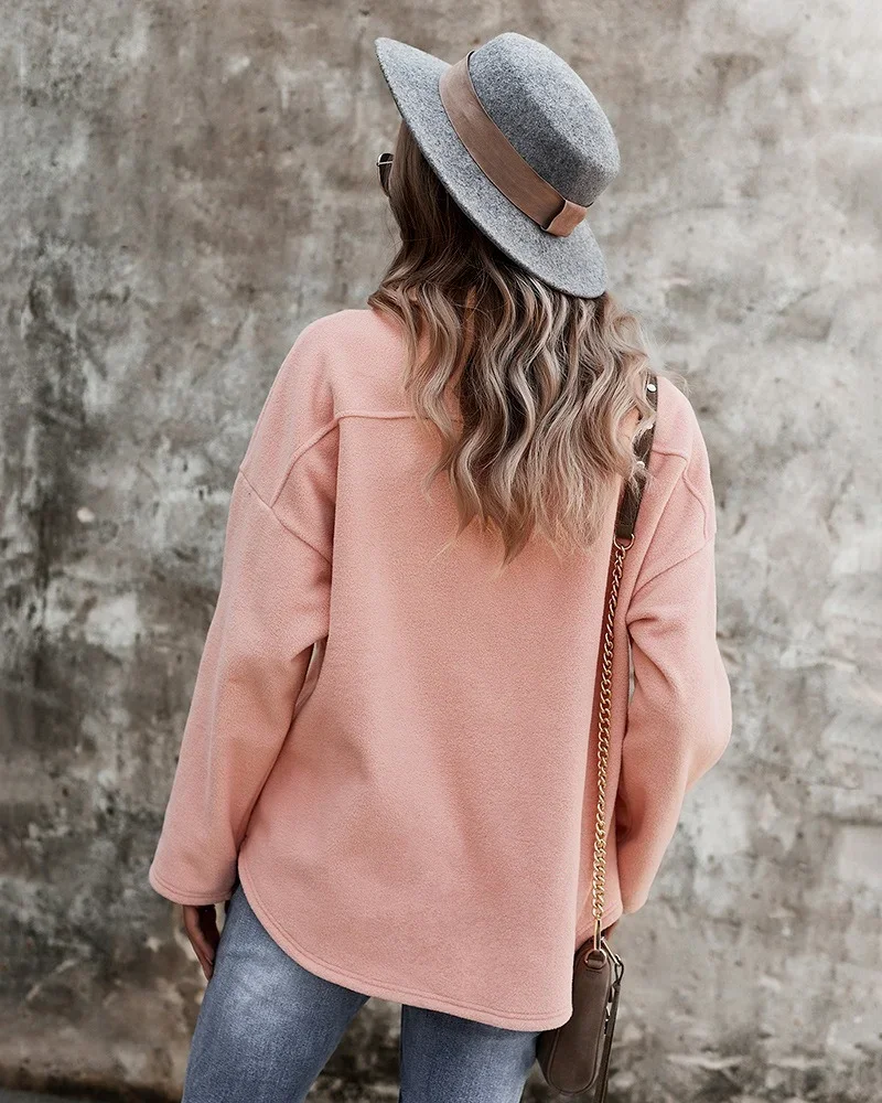 Autumn Winter Fleece Sweatshirts Women Lapel Long Sleeve Single Breasted Cardigan Warm Loose Casual Coats Solid Color Thick Tops