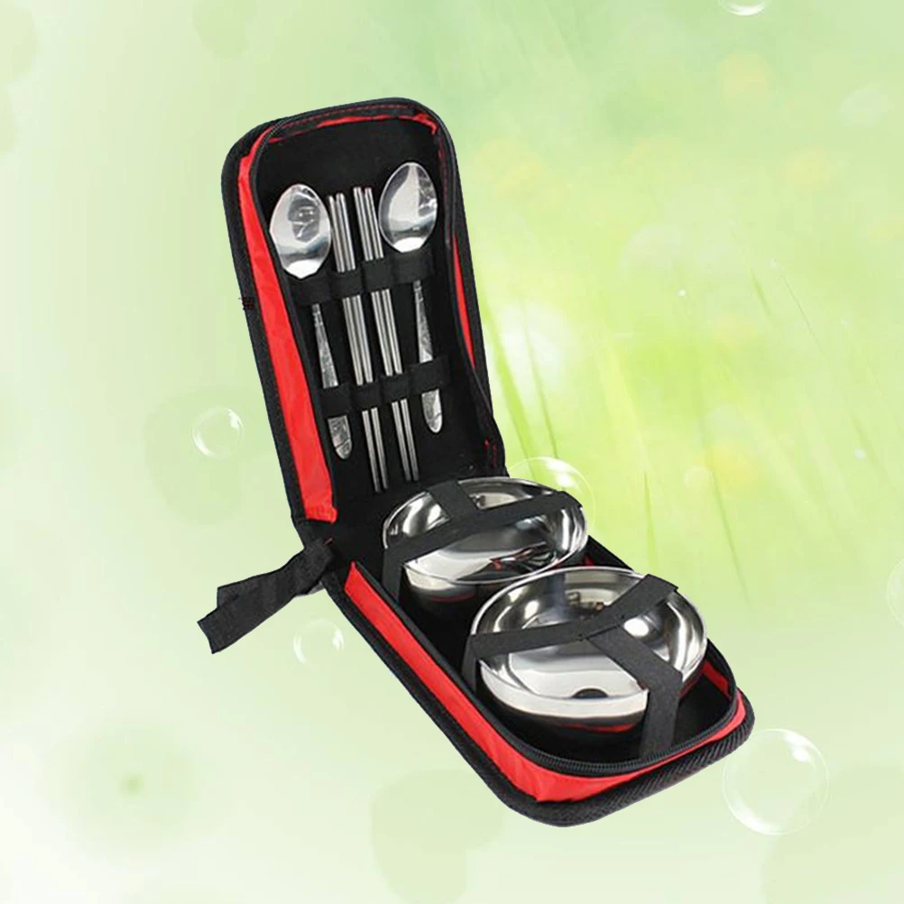 

7 PCS/Set Stainless Steel Tableware Bag Serving Utensils Kit Portable Double Layer