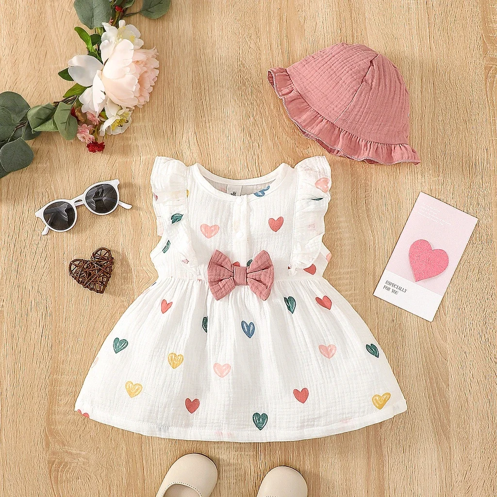 

Newborn Baby Girl Sweet Cotton Dress Sleeveless Love Pattern Dress+Hat 2PCS Summer Beach Clothing for Infant Girl 0-9 Months