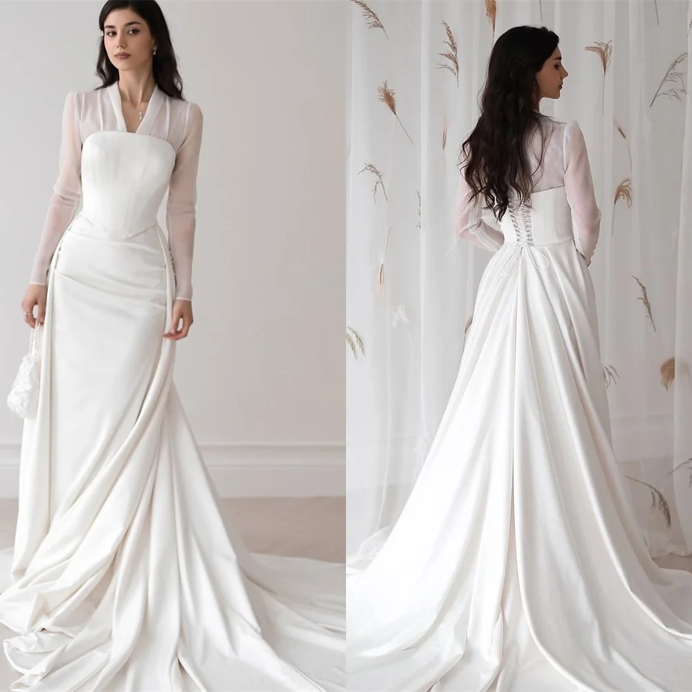 

Customized Elegant White Organza Wedding Dress Exquisite Strapless Long Sleeves Chapel Train Lace Up Back Ruched Bridal Gowns