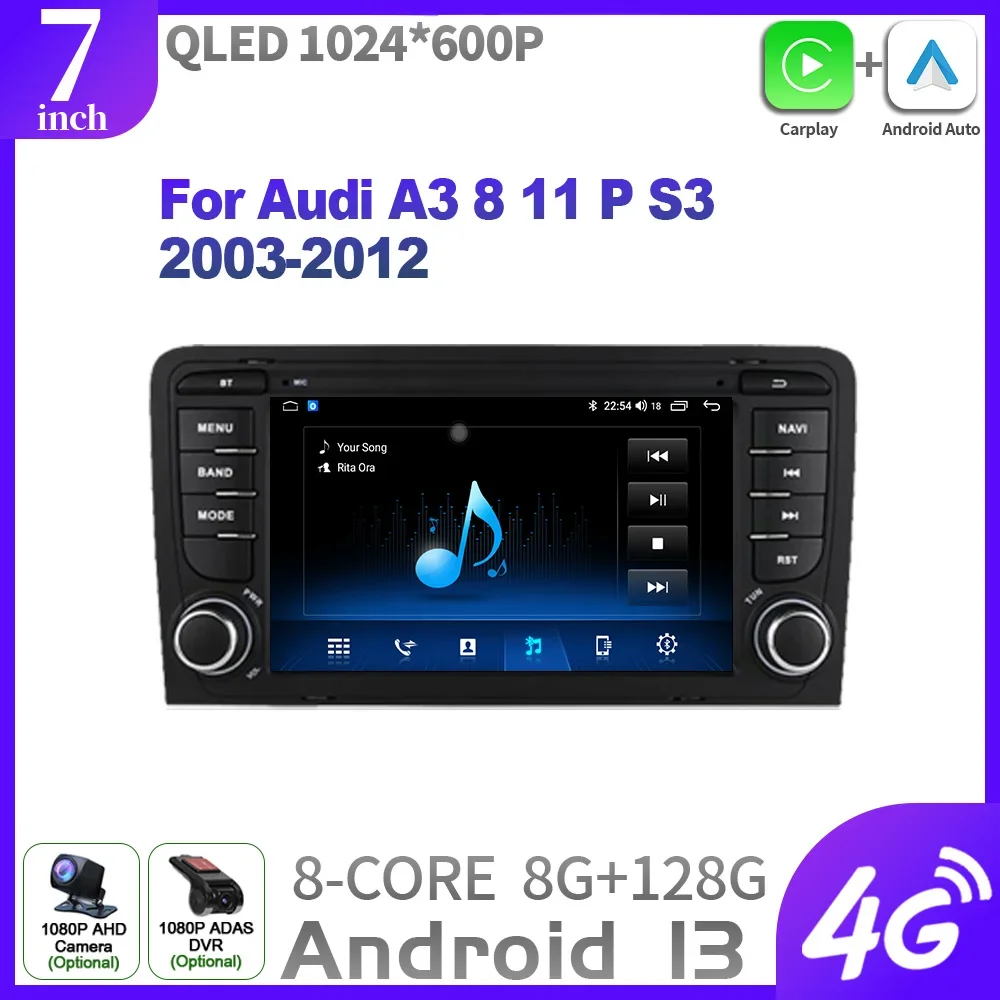 For Audi A3 8 11 P S3 2003-2012 Car Radio Multimedia Navigation Wireless Carplay Stereo Android 13 2Din Screen 4G WIFI 