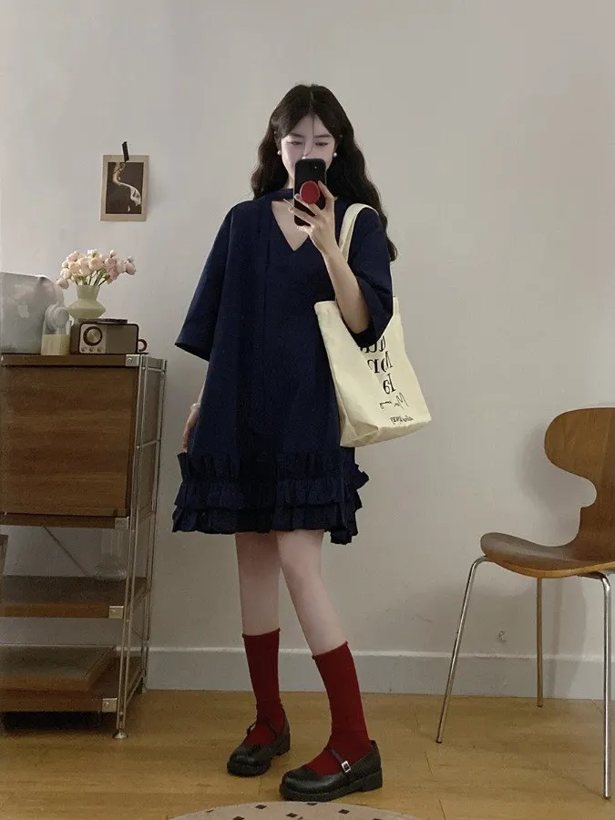 

plus Size Casual Pure Color Short Sleeve Dress Summer New Loose Slimming Design Short Skirt Two-Way Wear Commute Style K...