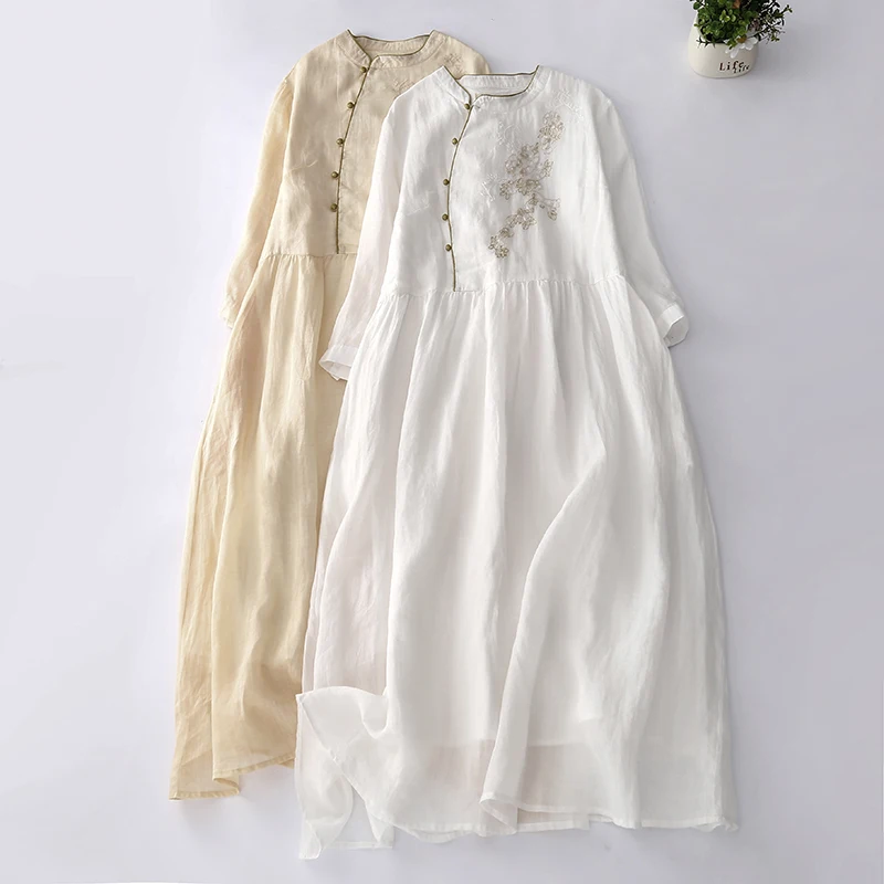 Nouveau chinois Sle été femmes forêt fille brodé coton Dr artistique rétro t-shirt quart Sve col montant Long D...