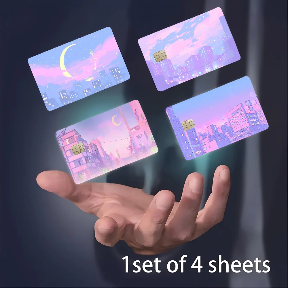 Pink Pastel Anime Moon Landscape Anime Cartoon Bear Skin Sticker Film Tape Case For Big Credit Debit Card Front Side