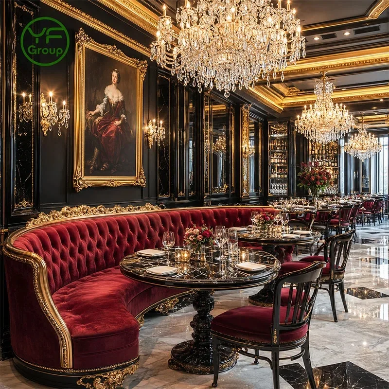Luxury Wholesale Banquette Bench Restaurant Furniture Wood Velvet Fabric Upholstered Red Booth Seating for Bistro Hotel