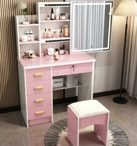 

Sliding Vanity Mirror, Makeup Vanity Desk with Charging Station, Vanities Dressing Table with Stool with Light