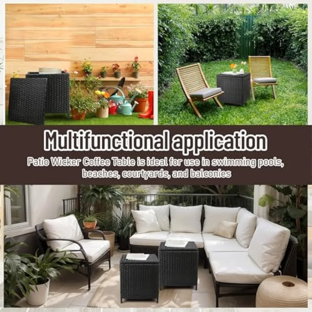 2 Pcs Wicker Side Table Storage PE Rattan Wicker Small Patio Outdoor Storage Box 11.8 Gallon Square Outdoor Foot Stool Footrest