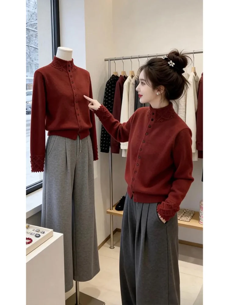 

Red Knitted Open Cardigan Women's Faion Casual Loose Fit Long Sve High Collar Sweater Breathable Comfortable Daily Wear