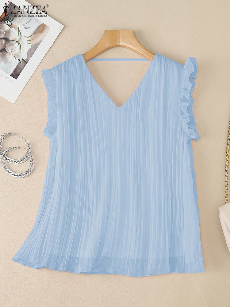

ZANZEA 2025 Summer Tees Women Chiffon Tanks Tops Sexy V-Neck Solid Color Shirts Fashion Casual Loose Sleeveless Ruffled Shirts