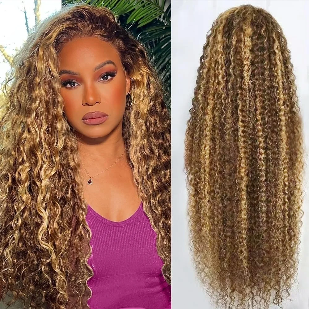 

13×4 Deep Wave Highlight Lace Front Wigs Human Hair Honey Blond 220 Density Transparent Pre Plucked Ombre Lace Frontal Wig 4/27