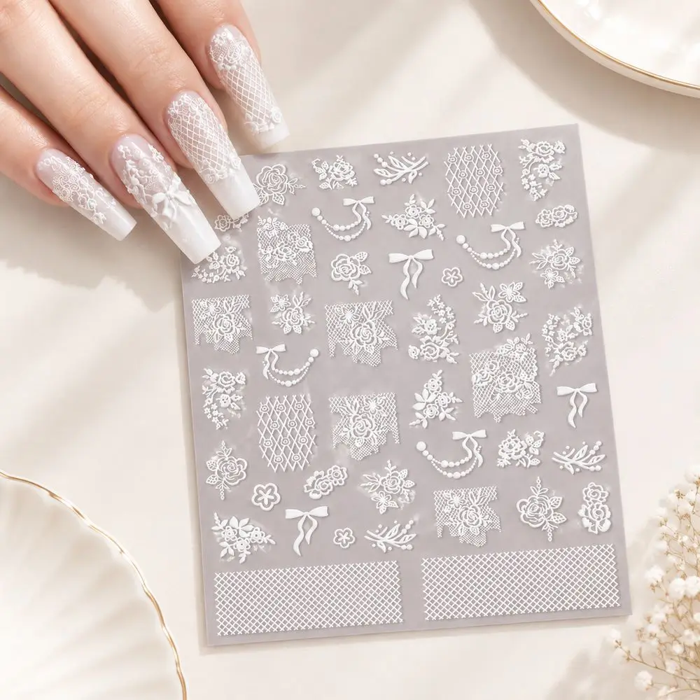 Sheer White Lace Nail Decals Mesh Rose 5D Embossed Self Adhesive Stickers Pure Desire Nail Art Decor for Women Wedding Party