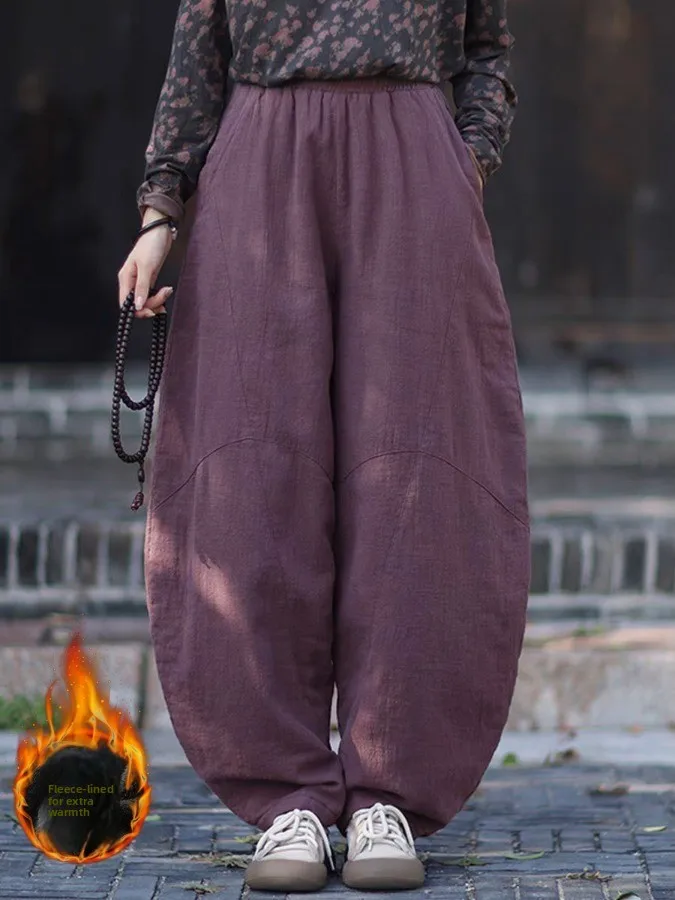 กางเกงผ้าฝ้ายลินินทรงหลวมสำหรับผู้หญิง ฤดูหนาว รุ่นใหม่ สไตล์เซน สำหรับทำสมาธิ อุ่นสบาย เหมาะสำหรับไทเก๊ก ทรงกระบอก