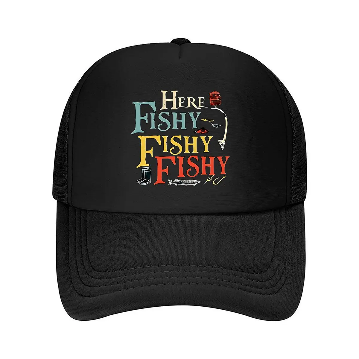 Men's _Here Fishy Fishy_ Pattern Baseball Cap, Casual All-Season Wear, Colorful Fishing Design, Fish 2026 Mesh Baseball Cap