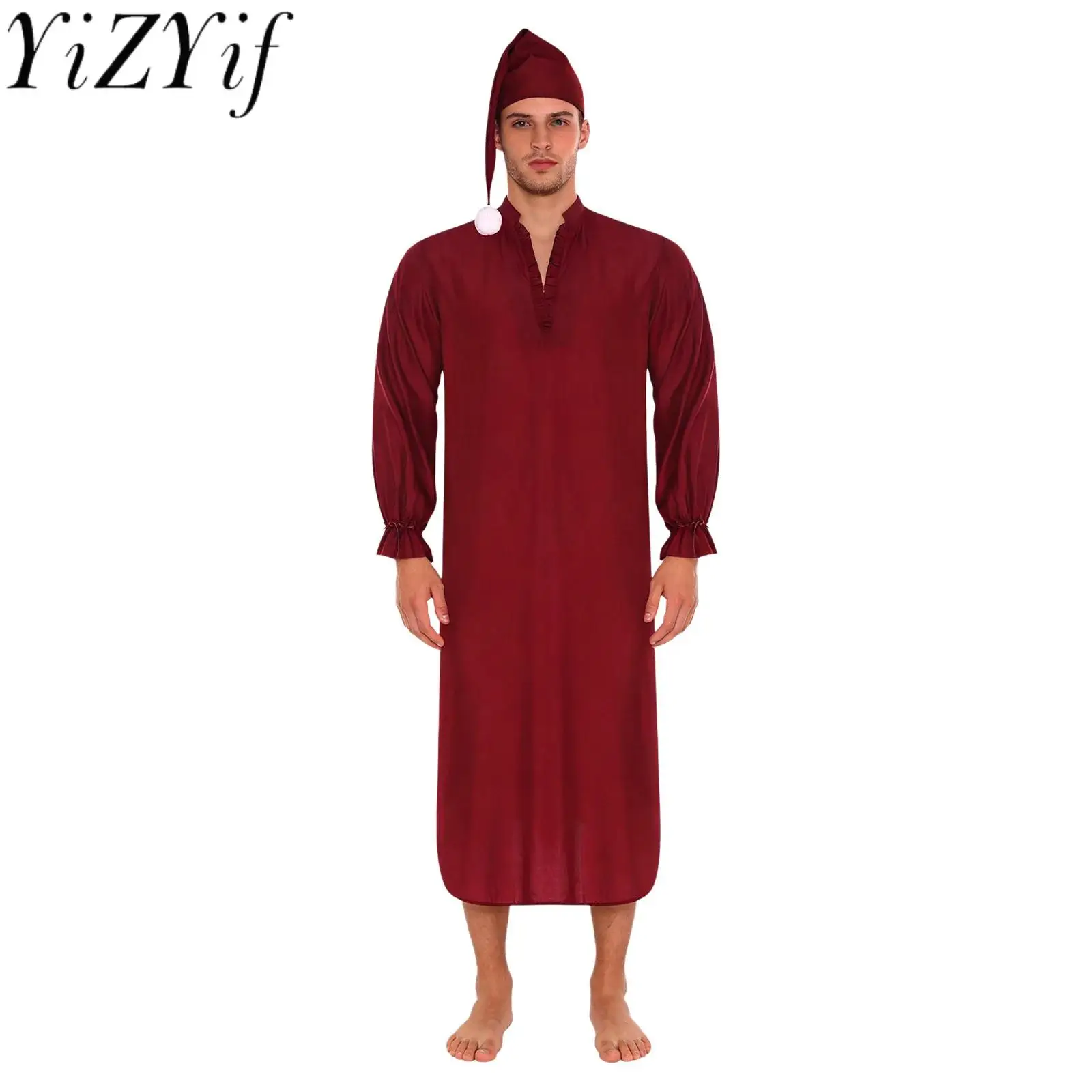 Camisón Vintage para Hombre con Gorro para Dormir, Ribete con Volantes, Manga Larga con Puños Ajustables, Bata Holgada para Dormir, Vestido para Fiesta de Pijamas