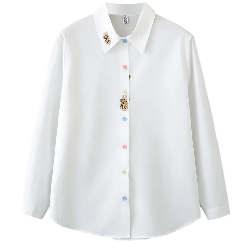 

XXXXL Fashion Plus Size Woman Clothing Cotton Shirt Spring 2026 Long Sleeved Embroidered Lapel And Colorful Button Top 070