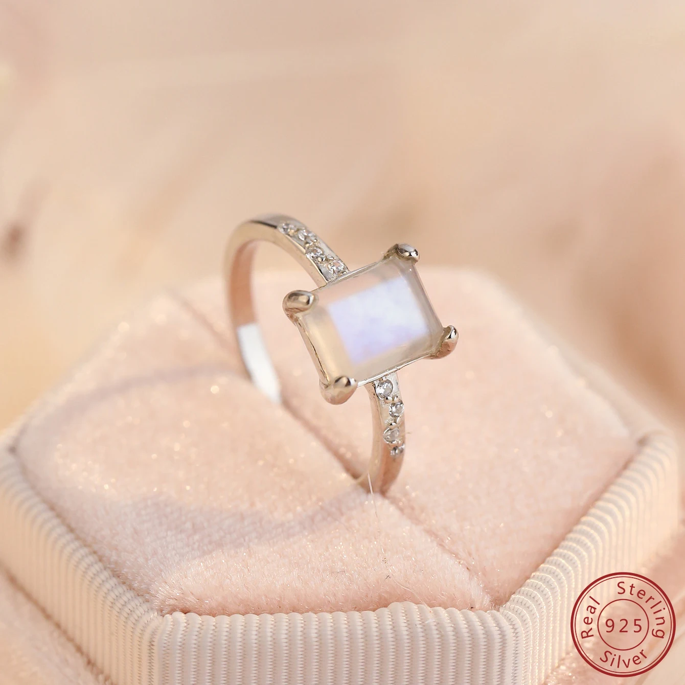 2023 Hot Selling 100% 925 Pure Silver Luxury Fashion square Moonlight Stone Ring High quality Simplicity exquisite Jewelry woman