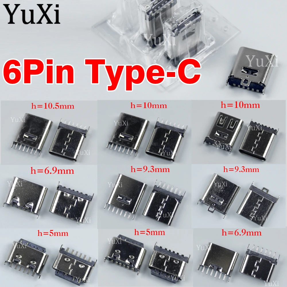 5pcs USB Type-C Connector 6Pin 180 Degree Vertical Female Socket 5mm 6.9/9.3/10.5mm Straight Charging Plug USB C Port Jack