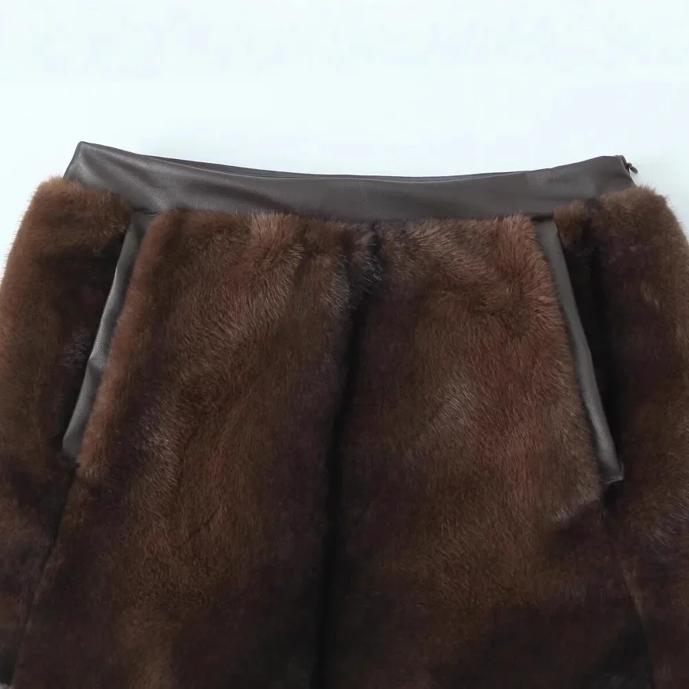 KIDCRKJ النساء الشتاء فو الفراء التنانير شيك براون الجلود تقسم جيوب سيدة ايكو الفراء تنورة Instagram-نمط الإناث صديقة للبيئة الفراء تنورة #3