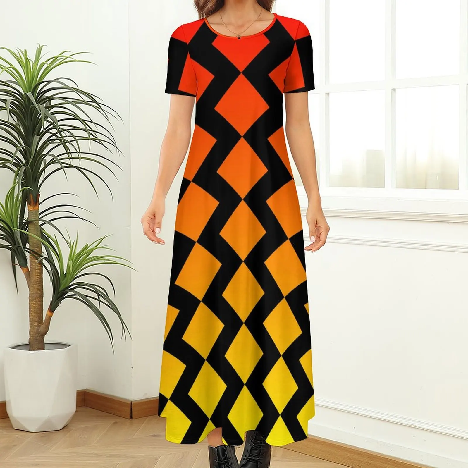 Abito Ombre da rosso a giallo Zig Zag Abito maxi carino Abbigliamento da strada Abiti lunghi da spiaggia Boho Abiti da donna a maniche corte di grandi dimensioni