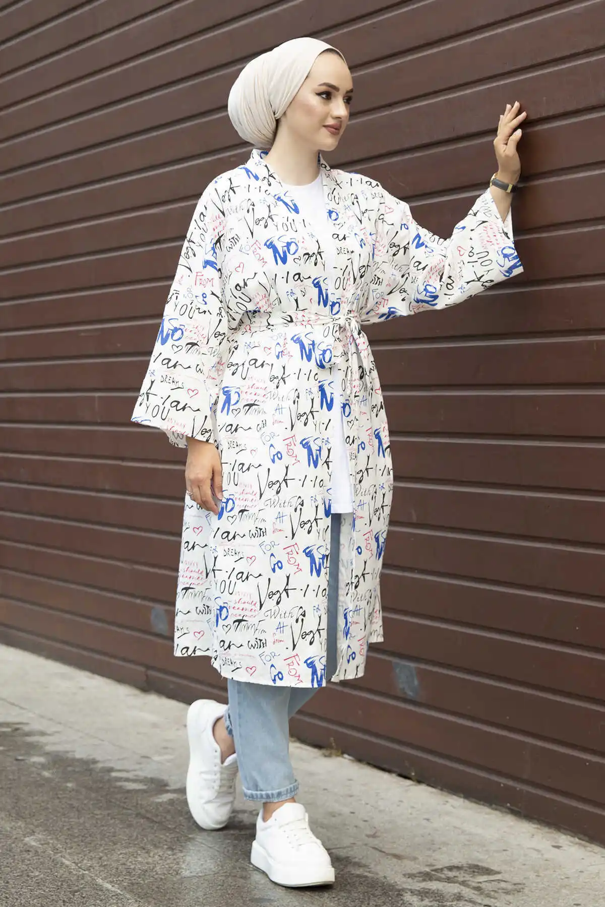 Lettering Printed Kimono MD-White Winter Autumn 2021 Muslim Women Hijab headscarf islamic Turkey