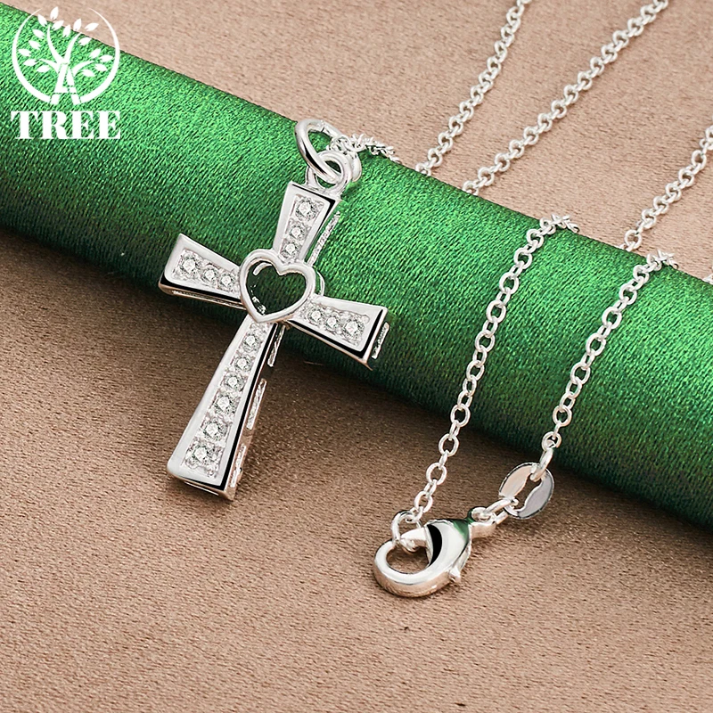 ALITREE 925 Sterling Silver Hollow Heart Cross zircone collana con ciondolo in cristallo per le donne collane gioielli di moda regalo di compleanno