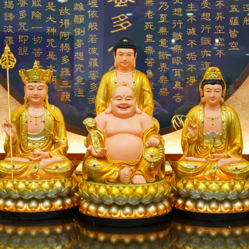 Saha Four Saints Sculpture - Shakyamuni, Guanyin Bodhisattva, Ksitigarbha & Maitreya, Sacred Shrine Centerpiece & Home Decor