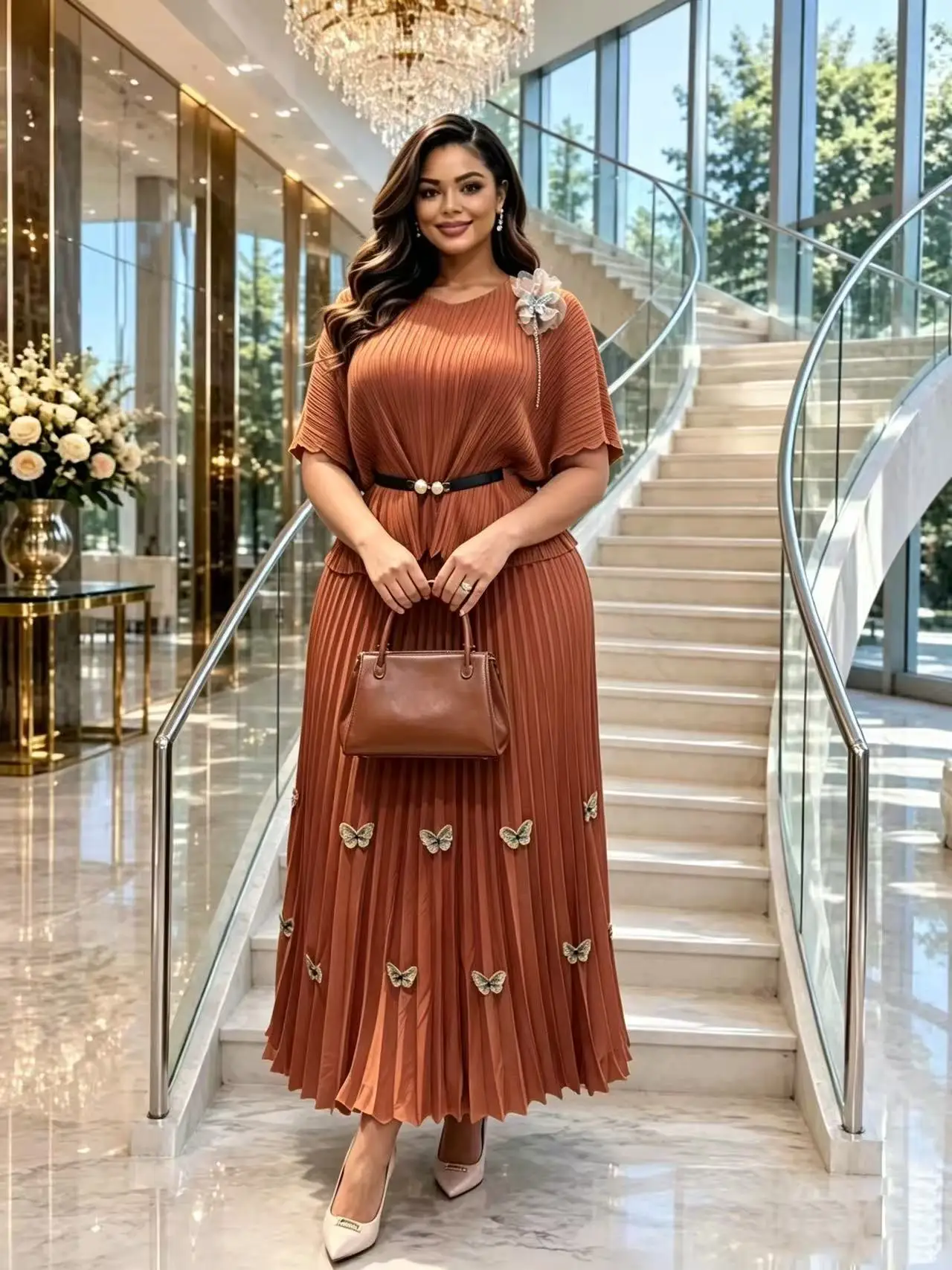 2026 Summer Miyake Loose Bat Sleeve Set New African Loose Temperament Elegant Women's Two-piece Set