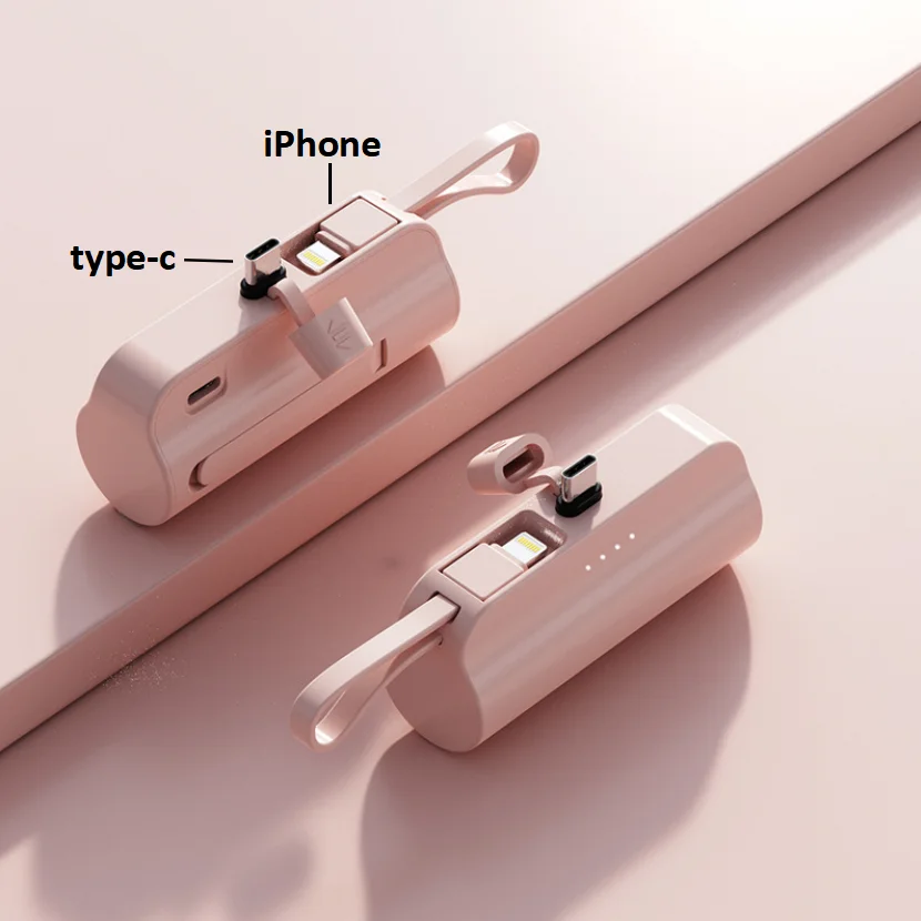 5000ma portable mini power bank with holder function and both iPhone Lightning and type-c interfaces