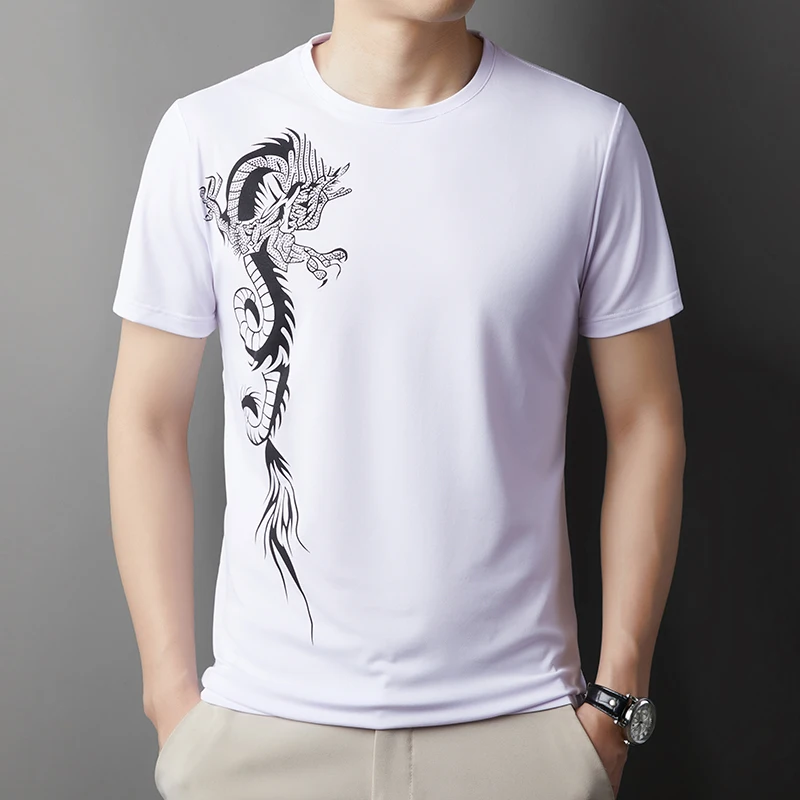 Fashion Dragon Print Rhinestone T Shirt For Men Short Sleeve Icy Summer Cool Feeling Qaulity Casual Boutique Camisetas De Hombre