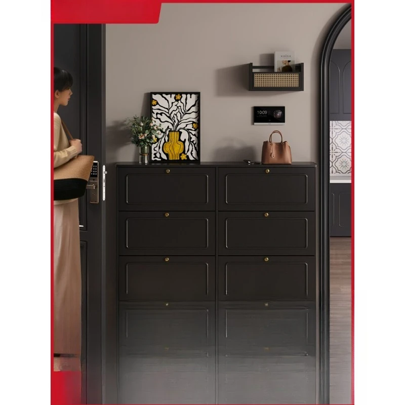 Ultra-thin black solid wood shoe cabinet, outer corridor entrance, indoor extremely narrow tipping bucket home storage