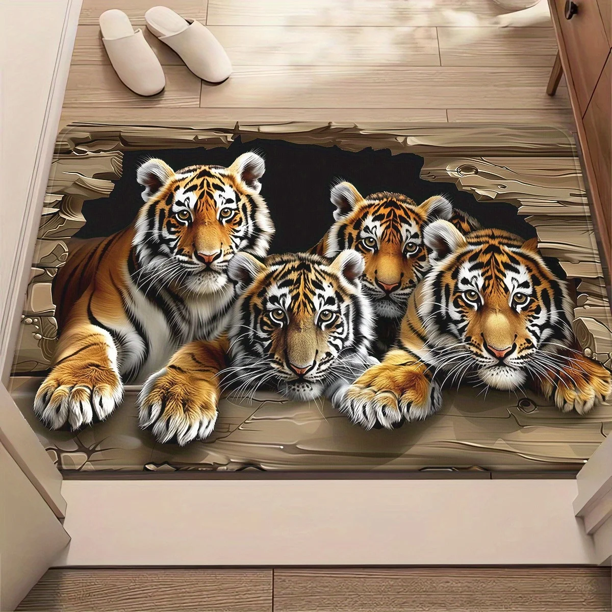 pattern of five tigers with holes Flannel-printed floor mats has a non-slip function is suitable for entrances bathroom carpets