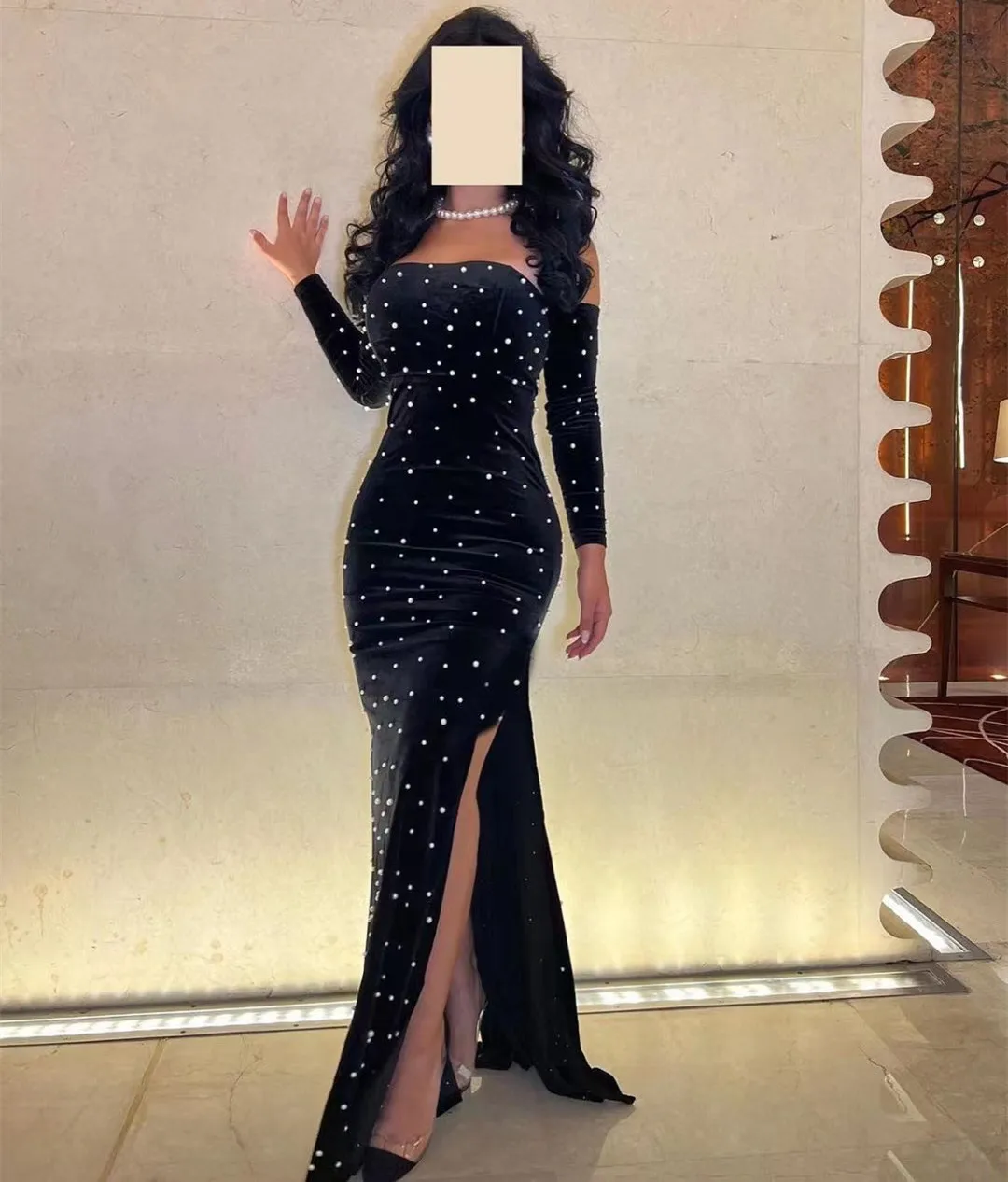 

Luxury Beaded Bodice Black Prom Dresses Mermaid Side Slit Sexy Cocktail Party Women Wear Detachable Long Sleeves Evening Gowns