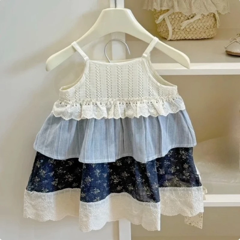 Children's Clothing Girls' Dress Summer Outfit New Floral Cut-out Lace Camisole Skirt