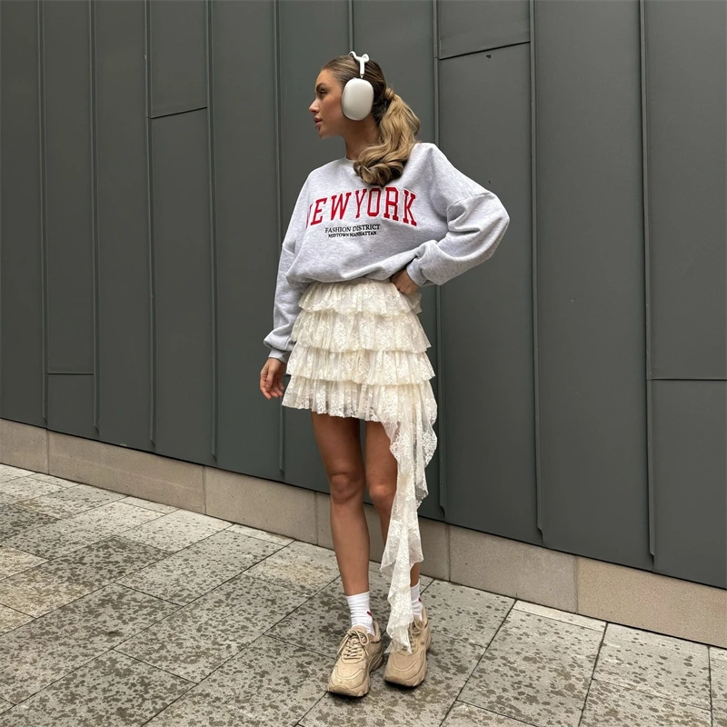Lace Skirt Women High Waist Irregular Hem Layered Tulle Mini Skirt Spring Autumn Casual Party Wear Y2k Fashion Trendy Sheer