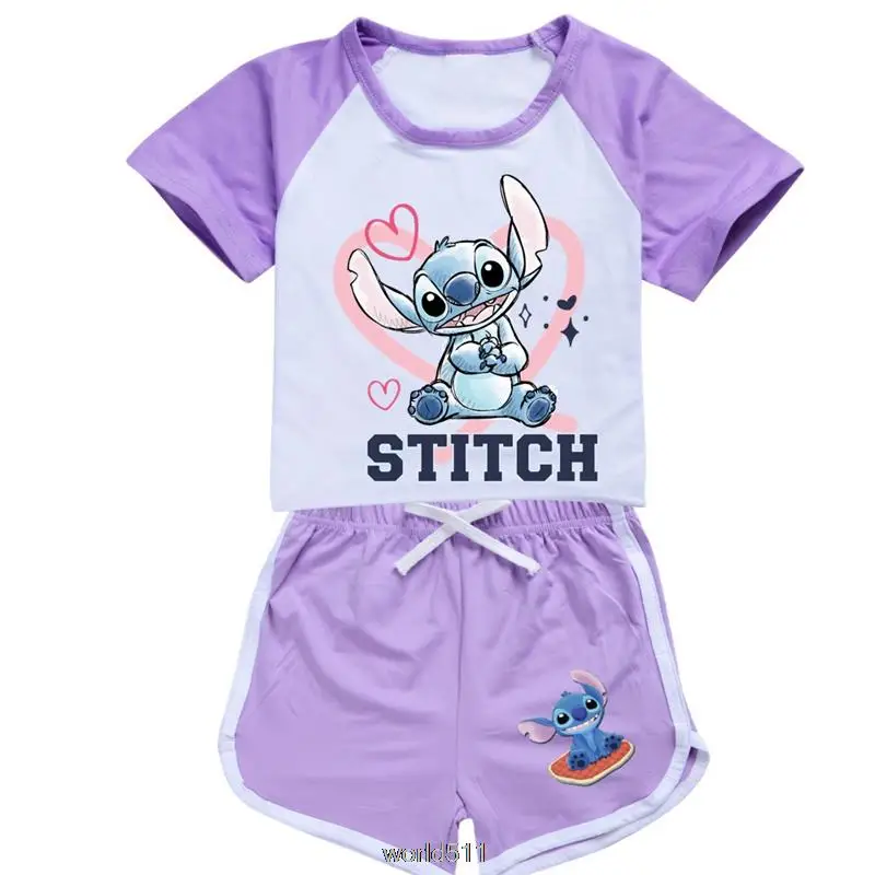 Stitch Pajamas Summer Print T Shirt Shorts Set Kids Girls Cute Cotton Sleepwear Baby Children Home Sleep Wear Clothes